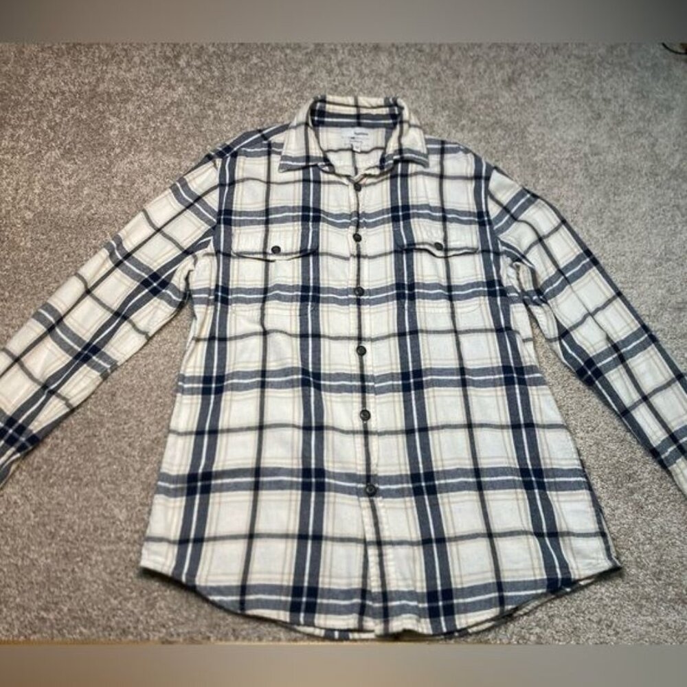 Sonoma Modern Fit Mens Plaid Button-Down Shirt Size M Blue & Beige Cotton Blend